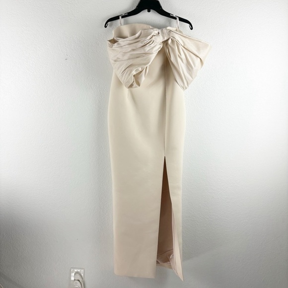 Rachel Gilbert Kace Draped Bow Slit Gown Cream Beige Size 6 Formal Evening Party - Picture 3 of 10